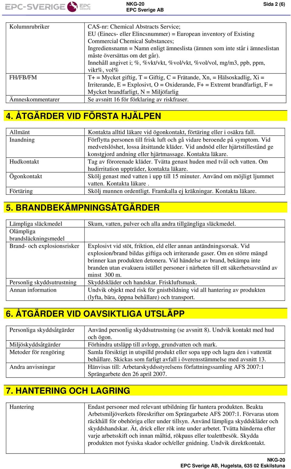 Innehåll angivet i; %, %vkt/vkt, %vol/vkt, %vol/vol, mg/m3, ppb, ppm, vikt%, vol% FH/FB/FM T+ = Mycket giftig, T = Giftig, C = Frätande, Xn, = Hälsoskadlig, Xi = Irriterande, E = Explosivt, O =