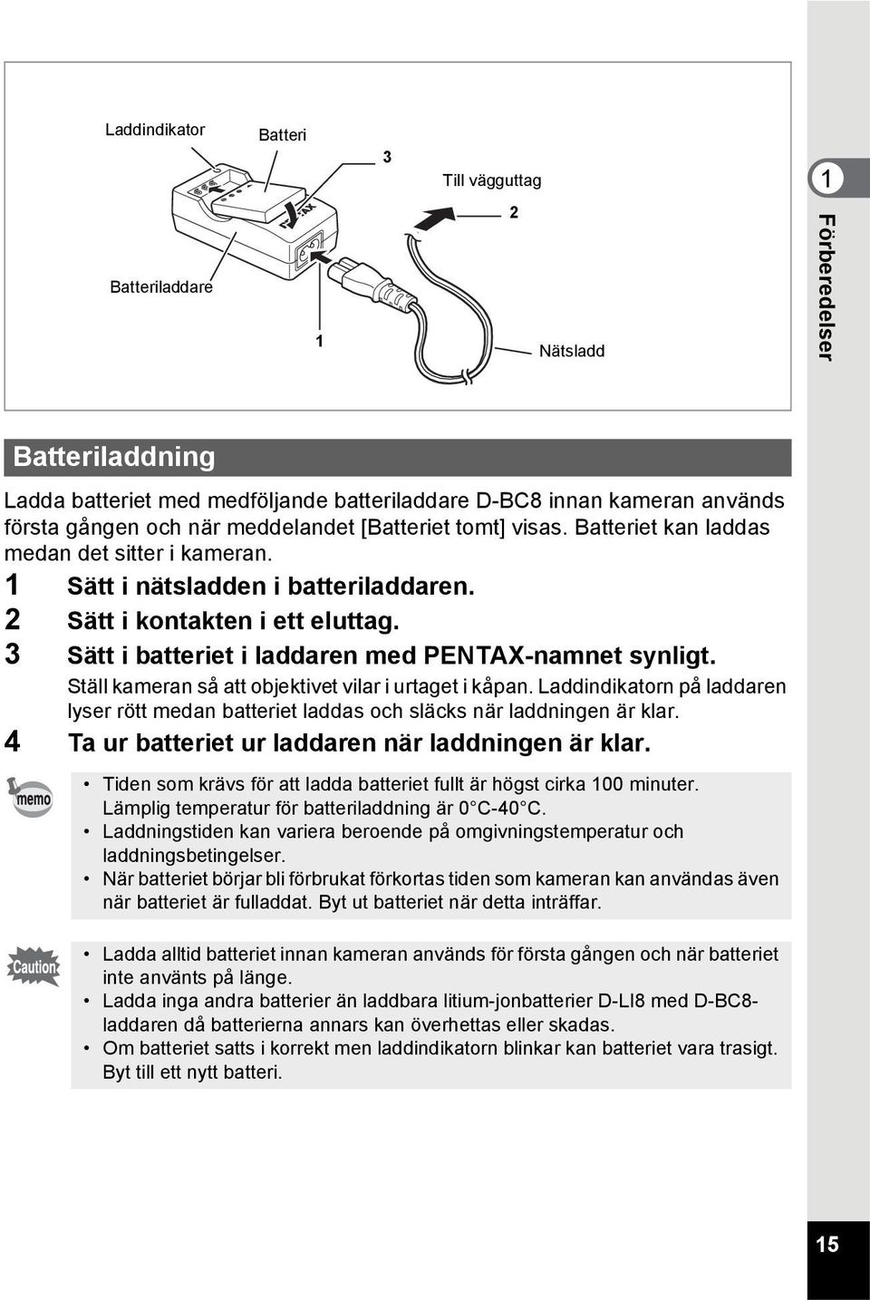 3 Sätt i batteriet i laddaren med PENTAX-namnet synligt. Ställ kameran så att objektivet vilar i urtaget i kåpan.