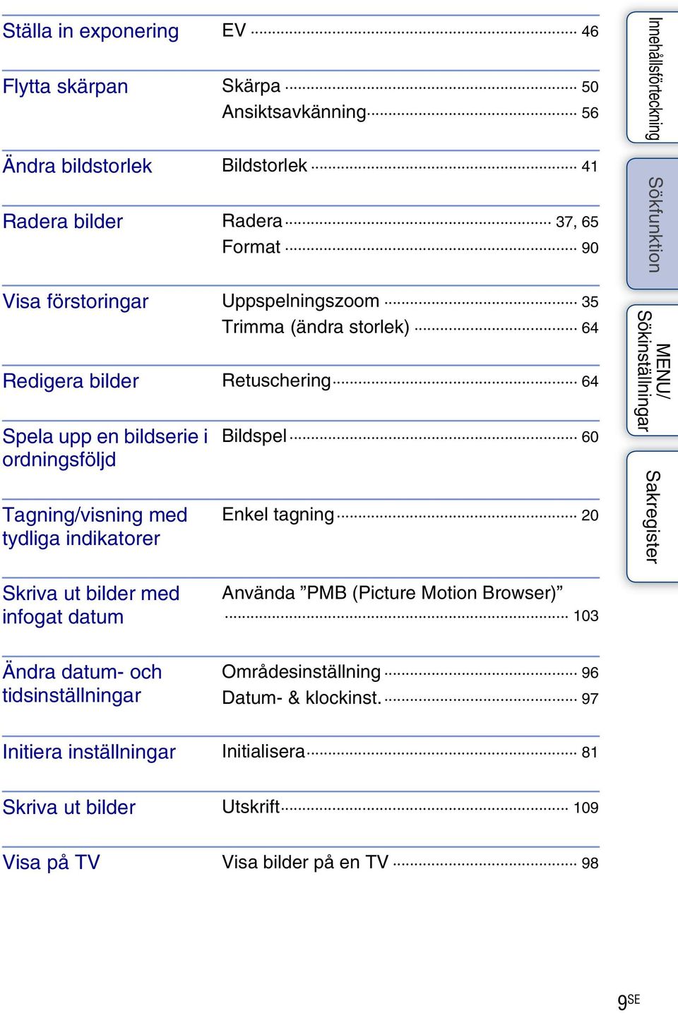 tydliga indikatorer Bildspel 60 Enkel tagning 20 Skriva ut bilder med infogat datum Använda PMB (Picture Motion Browser) 103 Ändra datum- och