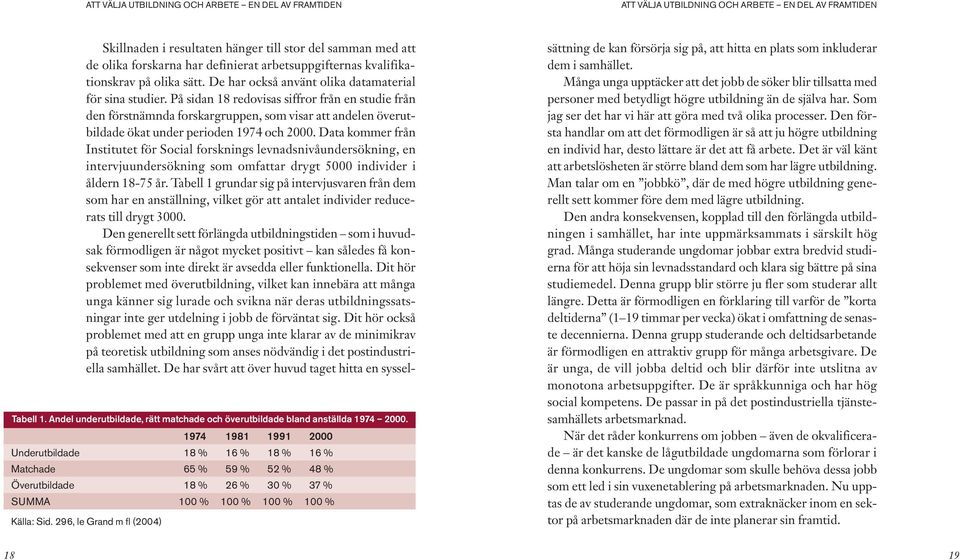 På sidan 18 redovisas siffror från en studie från den förstnämnda forskargruppen, som visar att andelen överutbildade ökat under perioden 1974 och 2000.