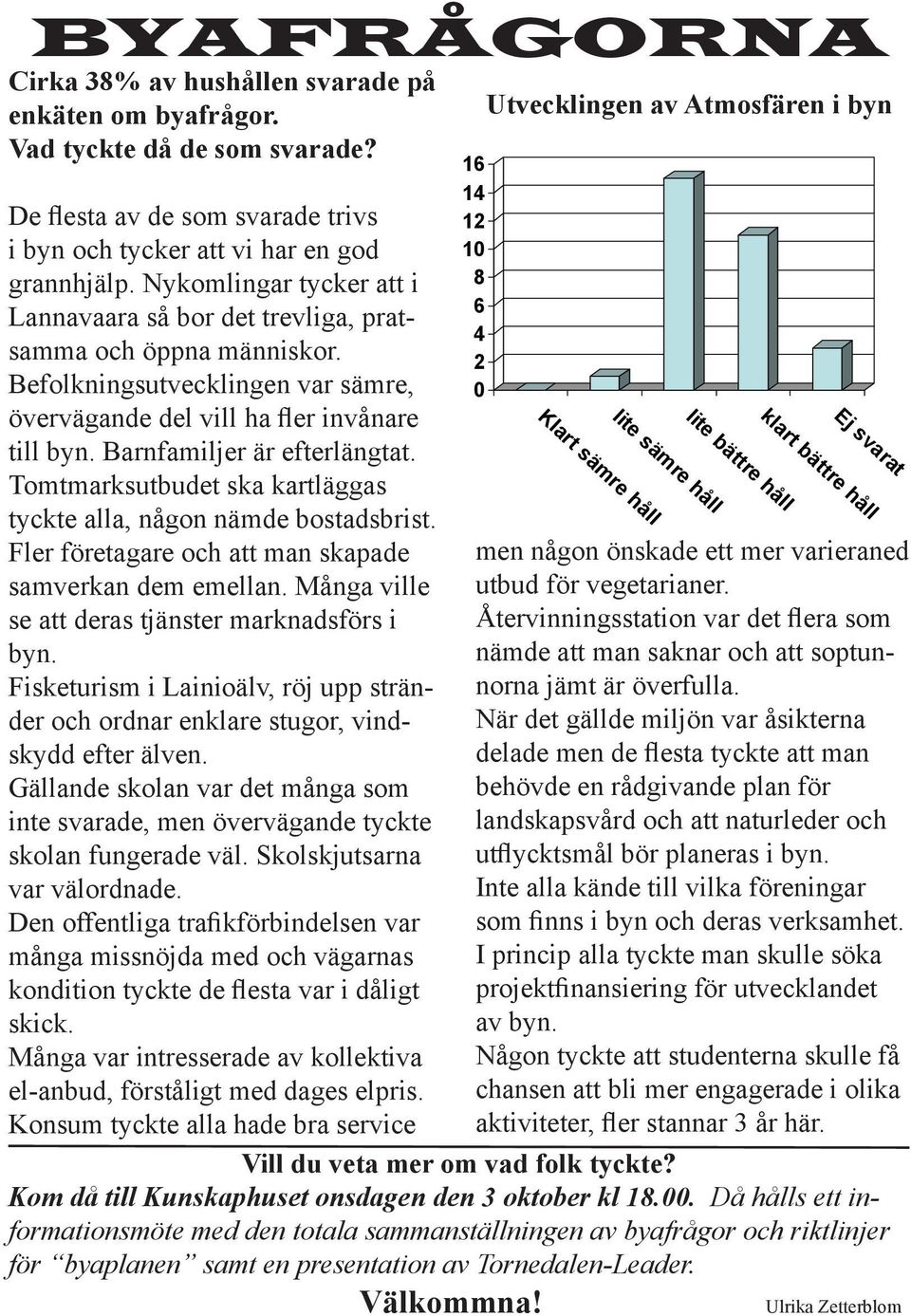 Tomtmarksutbudet ska kartläggas tyckte alla, någon nämde bostadsbrist. Fler företagare och att man skapade samverkan dem emellan. Många ville se att deras tjänster marknadsförs i byn.