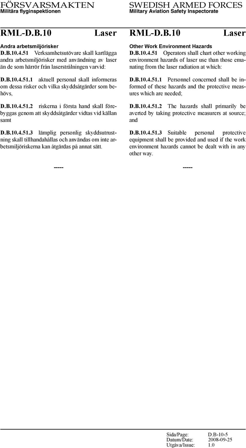 ----- Other Work Environment Hazards D.B.10.4.51 Operators shall chart other working environment hazards of laser use than those emanating from the laser radiation at which: D.B.10.4.51.1 Personnel concerned shall be informed of these hazards and the protective measures which are needed; D.