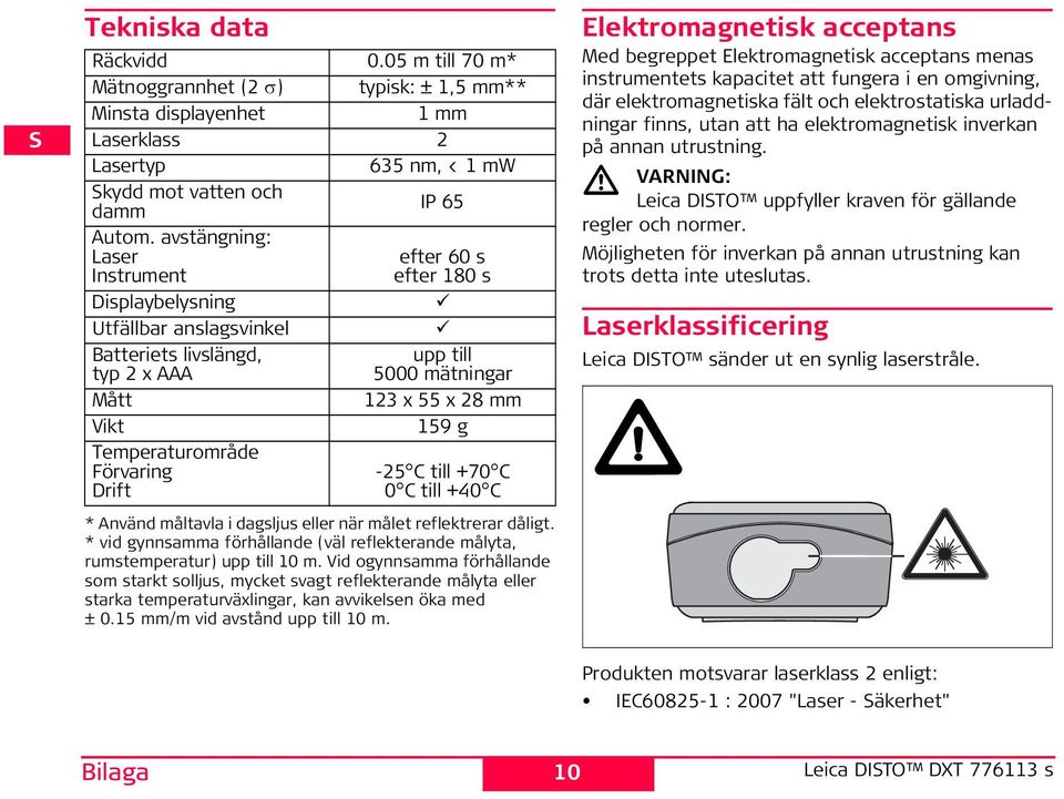 Temperaturområde Förvaring Drift -25 C till +70 C 0 C till +40 C * Använd måltavla i dagsljus eller när målet reflektrerar dåligt.