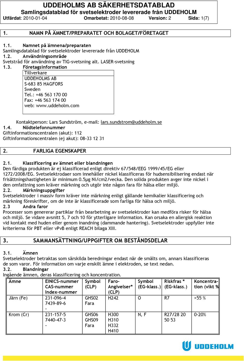 sundstrom@uddeholm.se 1.4. Nödtelefonnummer Giftinformationscentralen (akut): 112 Giftinformationscentralen (ej akut): 0833 12 31 2. FARLIGA EGENSKAPER 2.1. Klassificering av ämnet eller blandningen Den färdiga produkten är ej klassificerad enligt direktiv 67/548/EEG 1999/45/EG eller 1272/2008/EG.