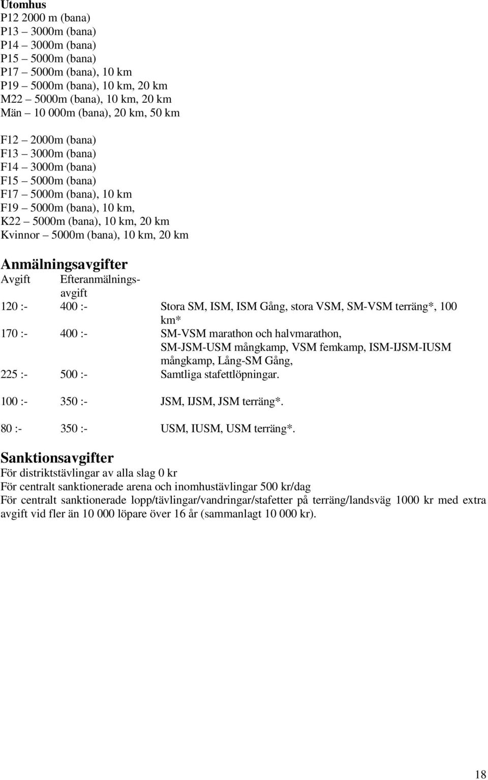 Avgift Efteranmälningsavgift 120 :- 400 :- Stora SM, ISM, ISM Gång, stora VSM, SM-VSM terräng*, 100 km* 170 :- 400 :- SM-VSM marathon och halvmarathon, SM-JSM-USM mångkamp, VSM femkamp, ISM-IJSM-IUSM