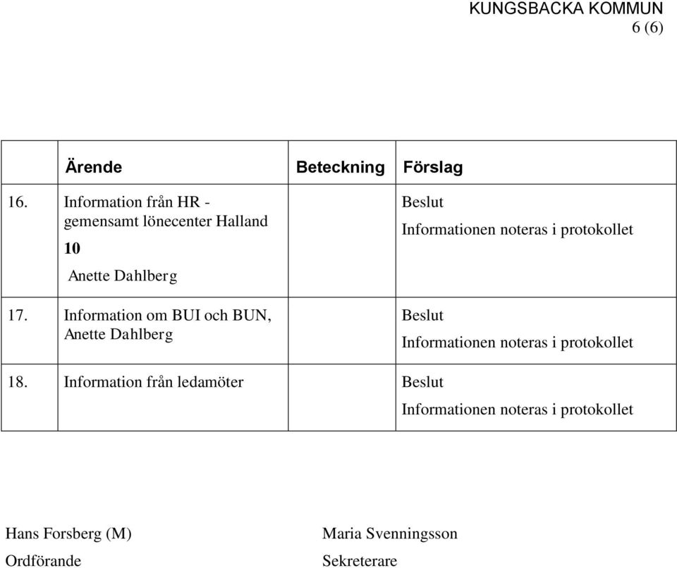 Information om BUI och BUN, Anette Dahlberg Beslut Informationen noteras i protokollet Beslut