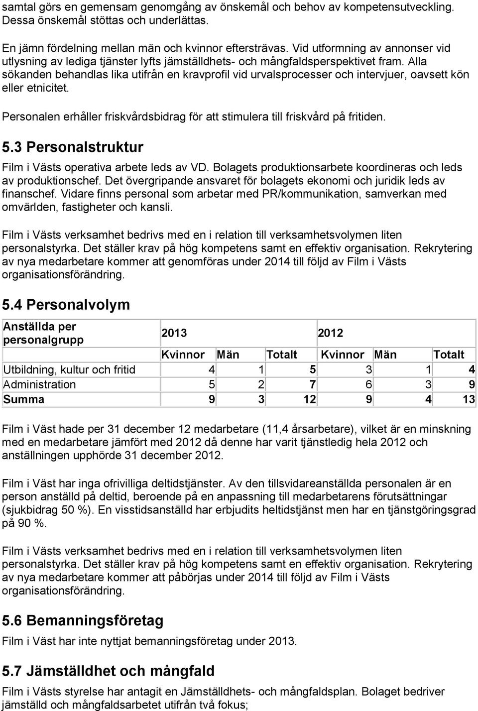 Alla sökanden behandlas lika utifrån en kravprofil vid urvalsprocesser och intervjuer, oavsett kön eller etnicitet. Personalen erhåller friskvårdsbidrag för att stimulera till friskvård på fritiden.