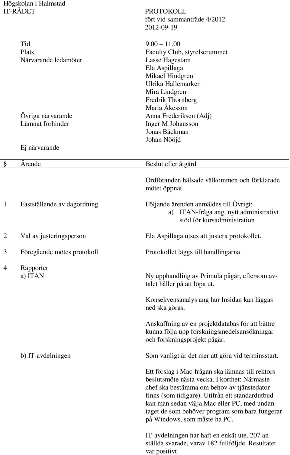 Frederiksen (Adj) Lämnat förhinder Inger M Johansson Jonas Bäckman Johan Nööjd Ej närvarande Ärende Beslut eller åtgärd Ordföranden hälsade välkommen och förklarade mötet öppnat.