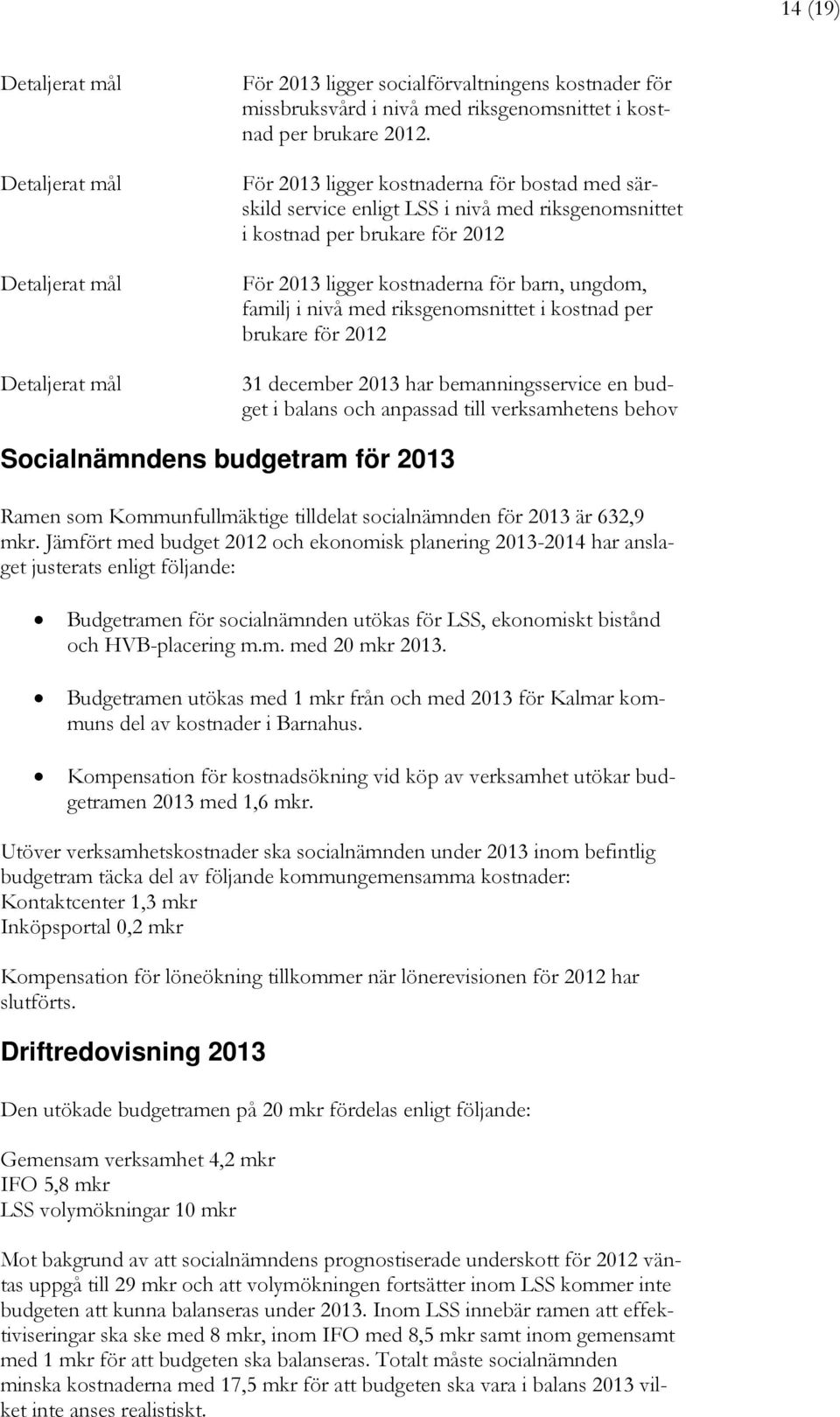 riksgenomsnittet i kostnad per brukare för 2012 31 december 2013 har bemanningsservice en budget i balans och anpassad till verksamhetens behov Socialnämndens budgetram för 2013 Ramen som