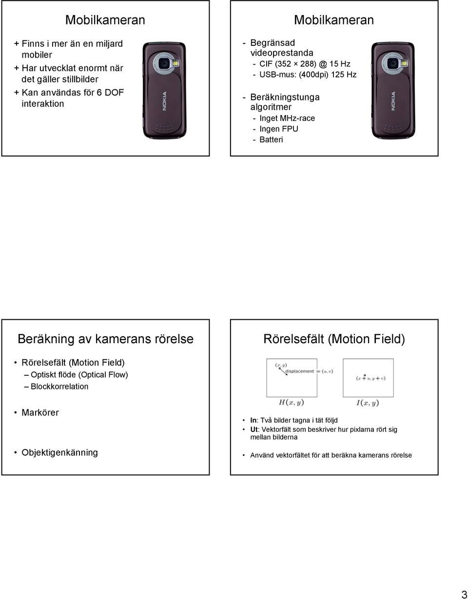 Beräkning av kamerans rörelse Rörelsefält (Motion Field) Rörelsefält (Motion Field) Optiskt flöde (Optical Flow) Blockkorrelation Markörer