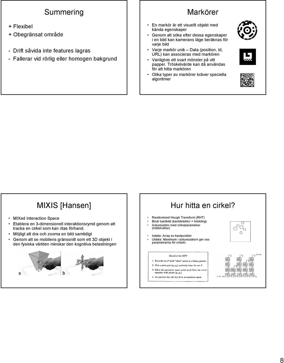 Tröskelvärde kan då användas för att hitta markören Olika typer av markörer kräver speciella algoritmer MIXIS [Hansen] MIXed Interaction Space Etablera en 3-dimensionell interaktionsrymd genom att