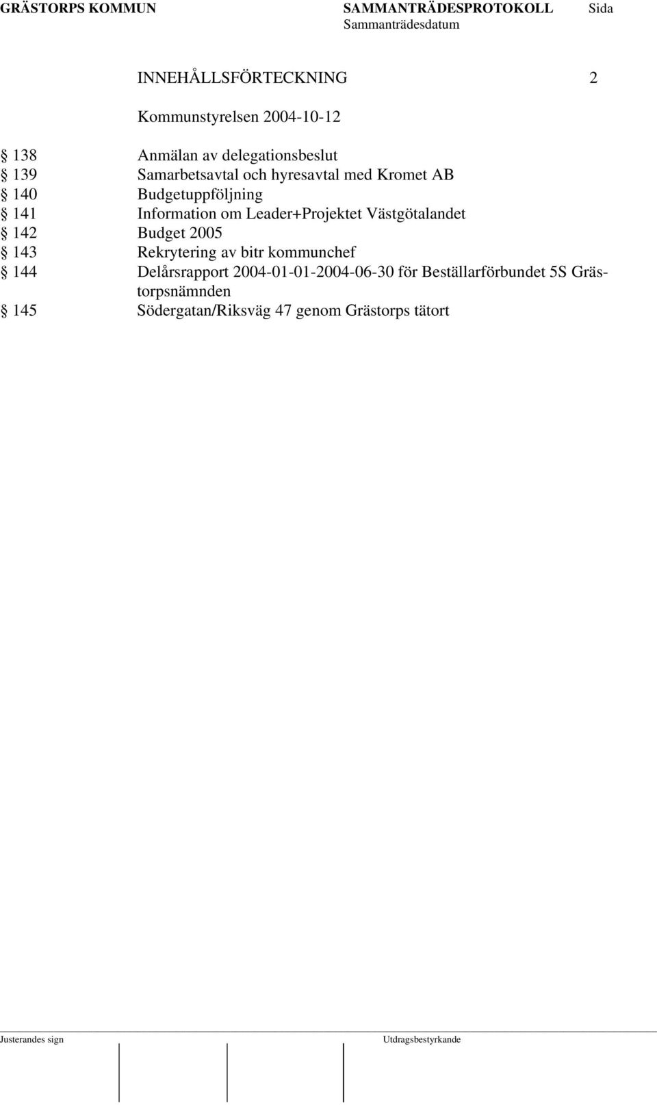 Leader+Projektet Västgötalandet 142 Budget 2005 143 Rekrytering av bitr kommunchef 144