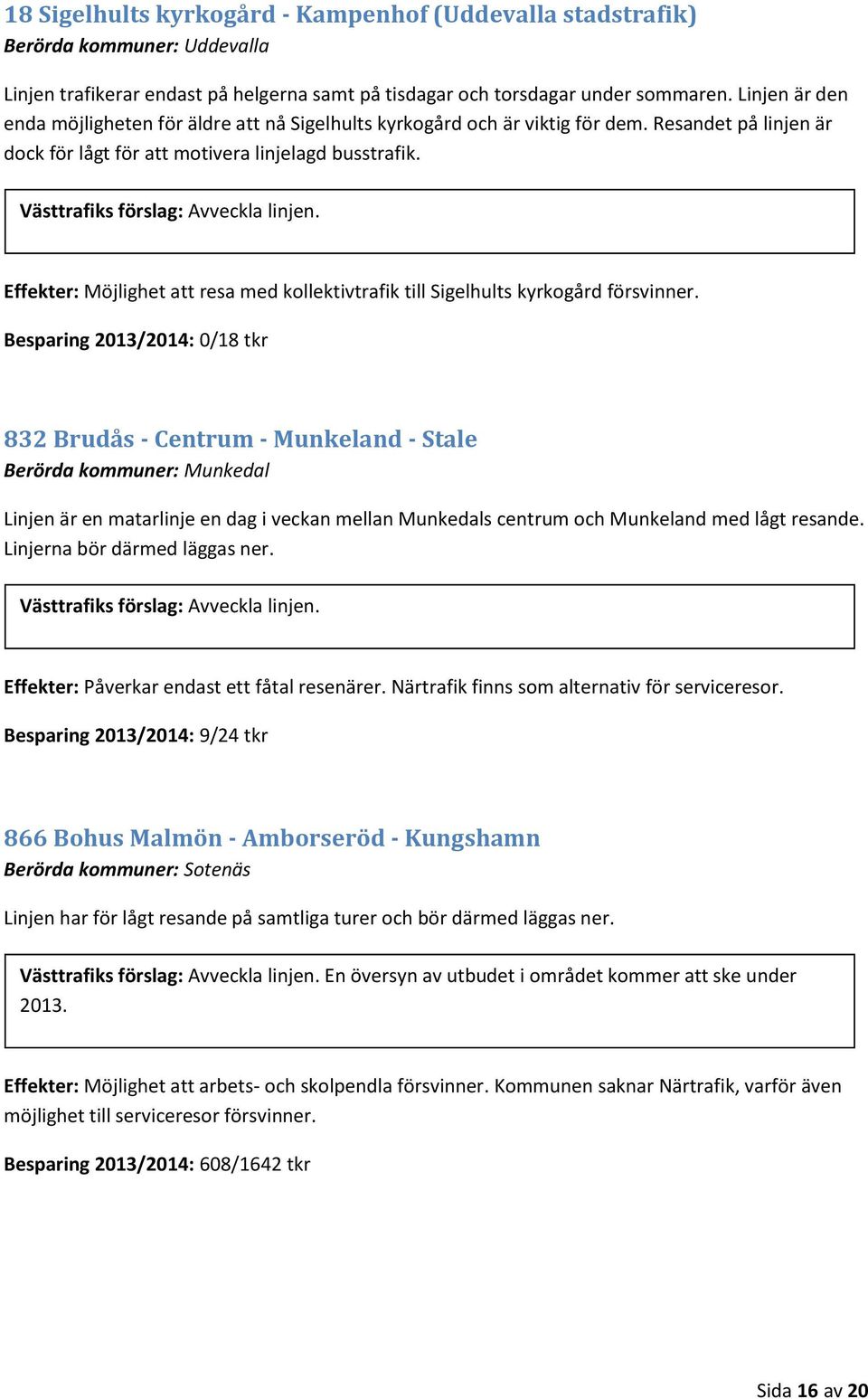 Effekter: Möjlighet att resa med kollektivtrafik till Sigelhults kyrkogård försvinner.