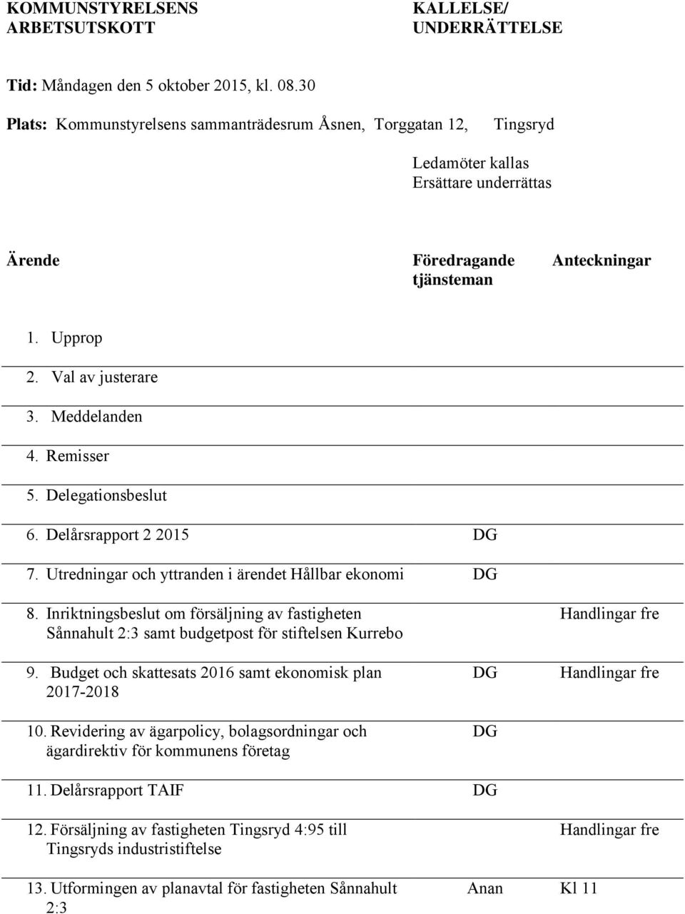 Meddelanden 4. Remisser 5. Delegationsbeslut 6. Delårsrapport 2 2015 DG 7. Utredningar och yttranden i ärendet Hållbar ekonomi DG 8.