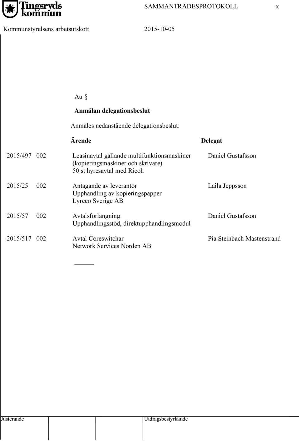 leverantör Upphandling av kopieringspapper Lyreco Sverige AB 2015/57 002 Avtalsförlängning Upphandlingsstöd, direktupphandlingsmodul 2015/517 002