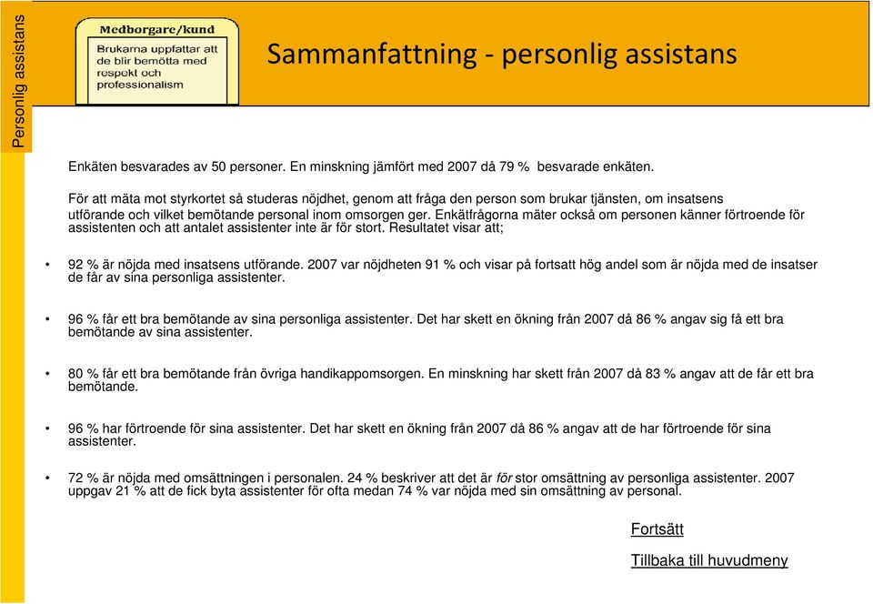 Enkätfrågorna mäter också om personen känner förtroende för assistenten och att antalet assistenter inte är för stort. Resultatet visar att; 92 % är nöjda med insatsens utförande.