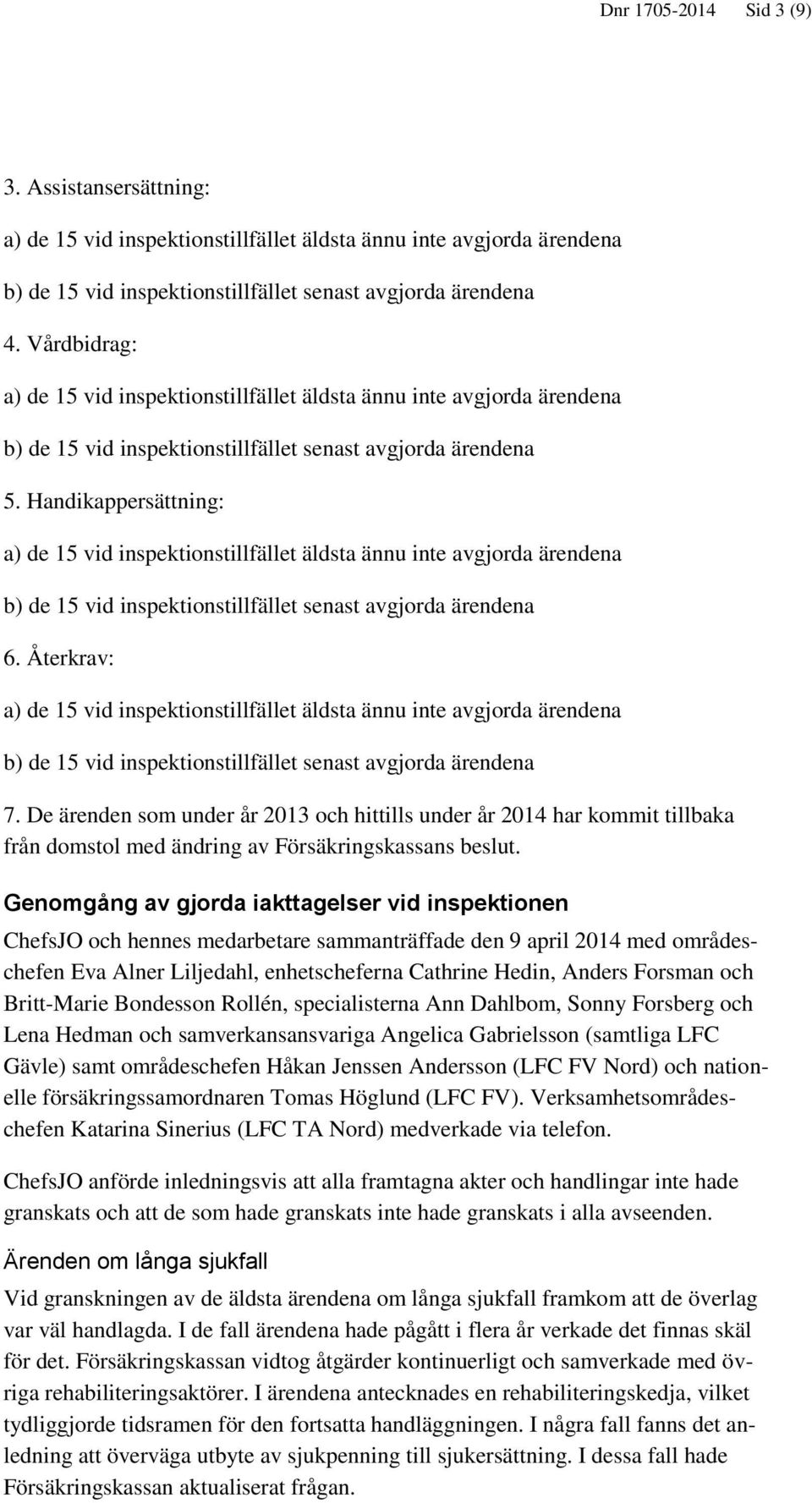 Handikappersättning: a) de 15 vid inspektionstillfället äldsta ännu inte avgjorda ärendena b) de 15 vid inspektionstillfället senast avgjorda ärendena 6.