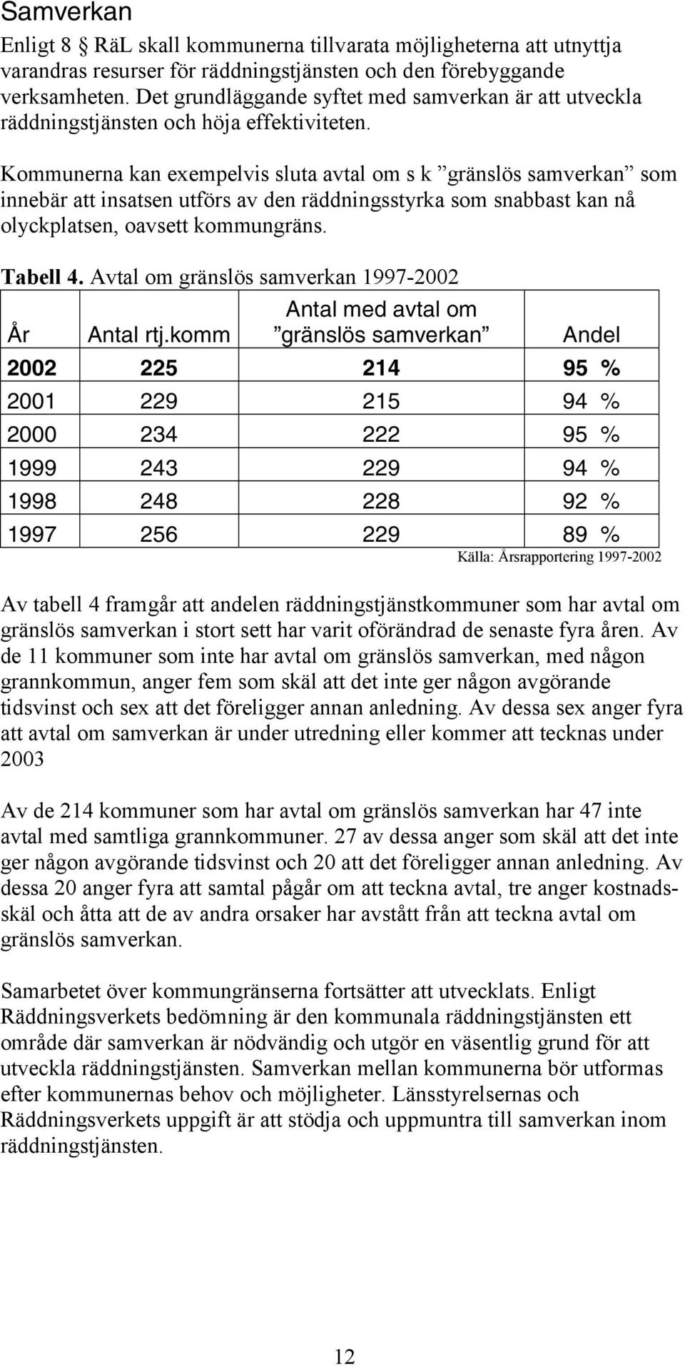 Kommunerna kan exempelvis sluta avtal om s k gränslös samverkan som innebär att insatsen utförs av den räddningsstyrka som snabbast kan nå olyckplatsen, oavsett kommungräns. Tabell 4.