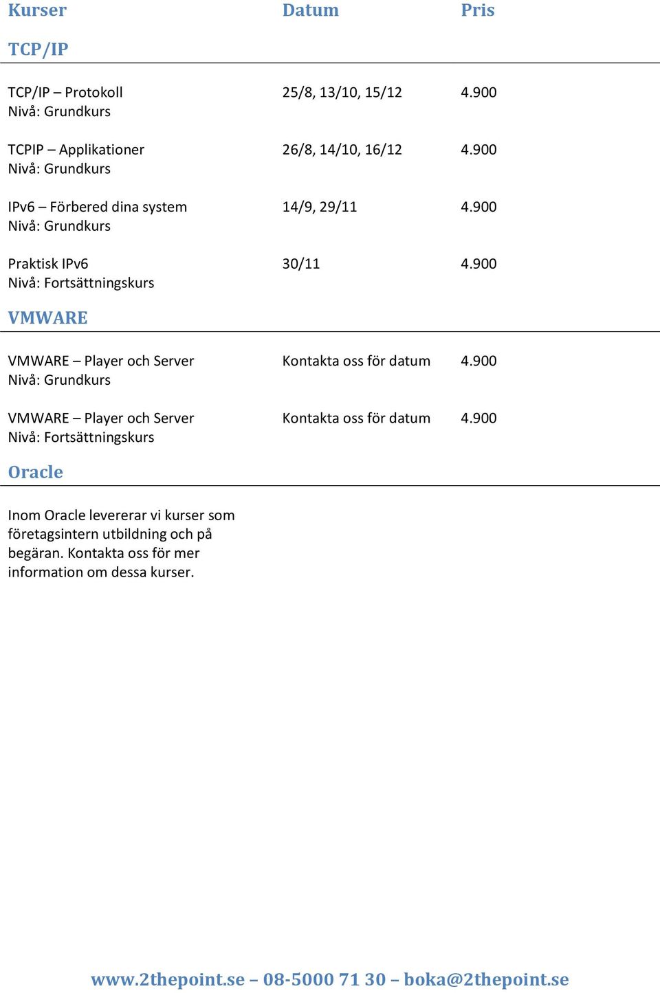 900 VMWARE VMWARE Player och Server VMWARE Player och Server Oracle Inom Oracle levererar vi