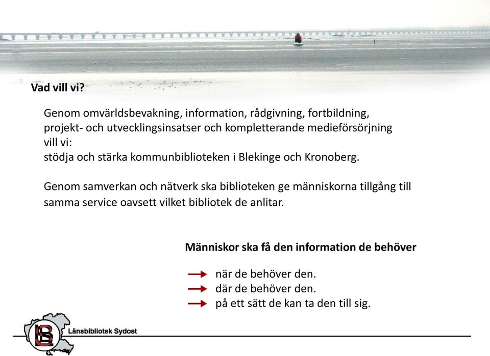 kompletterande medieförsörjning vill vi: stödja och stärka kommunbiblioteken i Blekinge och Kronoberg.