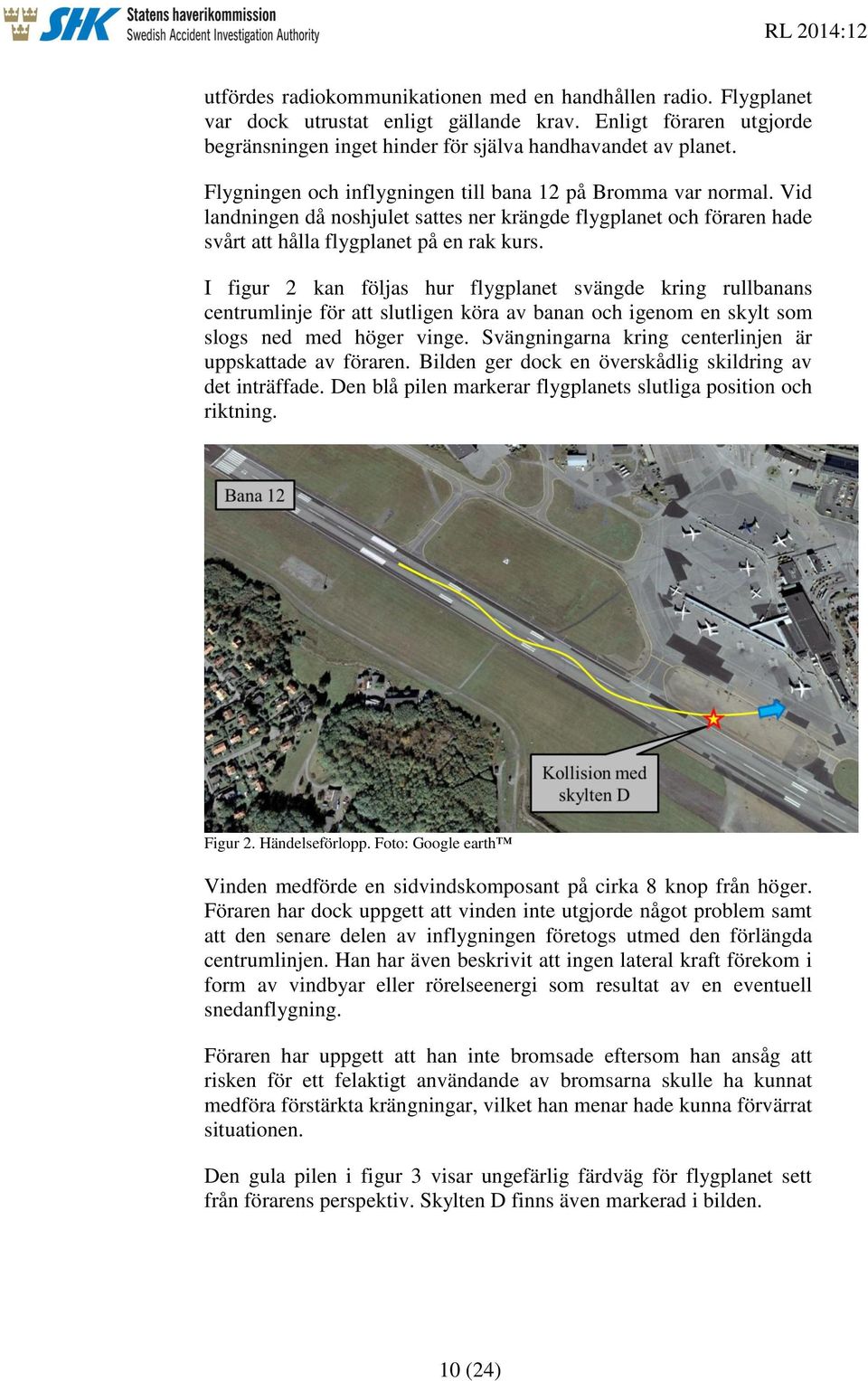 I figur 2 kan följas hur flygplanet svängde kring rullbanans centrumlinje för att slutligen köra av banan och igenom en skylt som slogs ned med höger vinge.