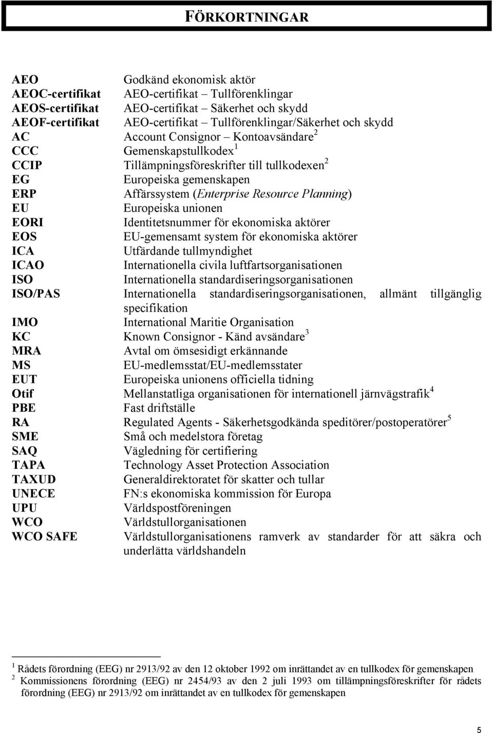 Europeiska unionen EORI Identitetsnummer för ekonomiska aktörer EOS EU-gemensamt system för ekonomiska aktörer ICA Utfärdande tullmyndighet ICAO Internationella civila luftfartsorganisationen ISO