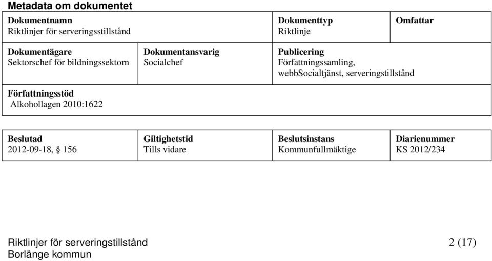 Socialchef Publicering Författningssamling, webbsocialtjänst, serveringstillstånd Beslutad 2012-09-18,