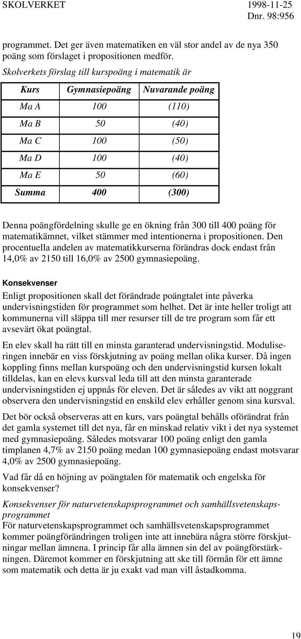 ge en ökning från 300 till 400 poäng för matematikämnet, vilket stämmer med intentionerna i propositionen.