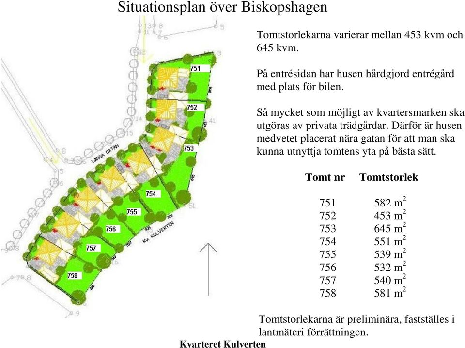 Så mycket som möjligt av kvartersmarken ska utgöras av privata trädgårdar.