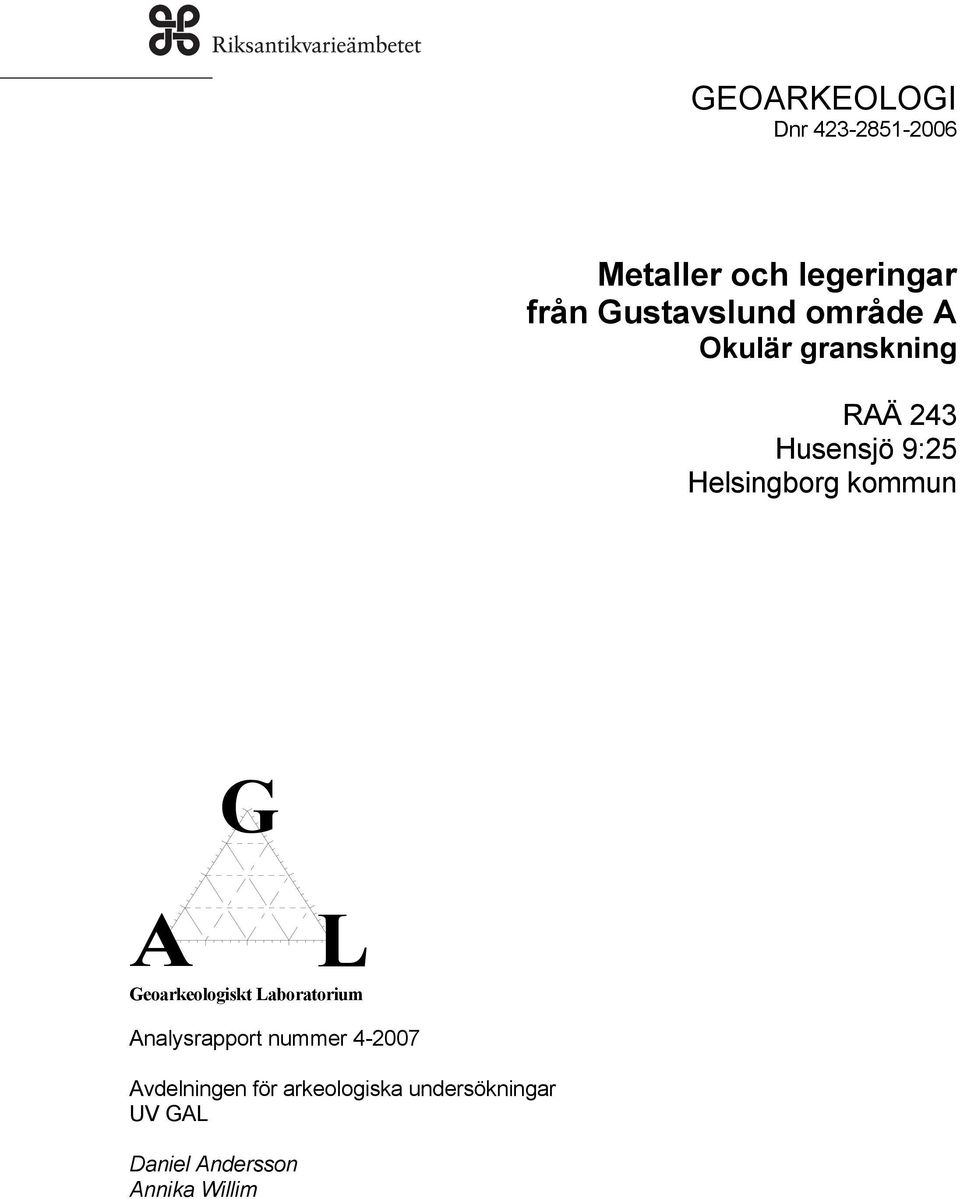 Helsingborg kommun G A L Geoarkeologiskt Laboratorium Analysrapport