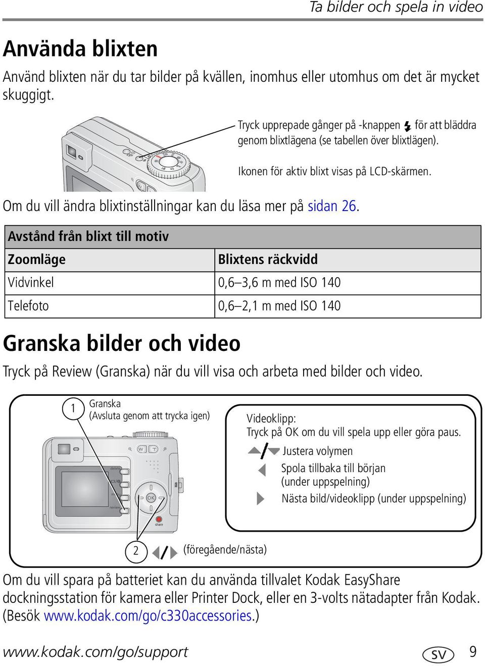 Avstånd från blixt till motiv Zoomläge Blixtens räckvidd Vidvinkel 0,6 3,6 m med ISO 140 Telefoto 0,6 2,1 m med ISO 140 Granska bilder och video Tryck upprepade gånger på -knappen för att bläddra