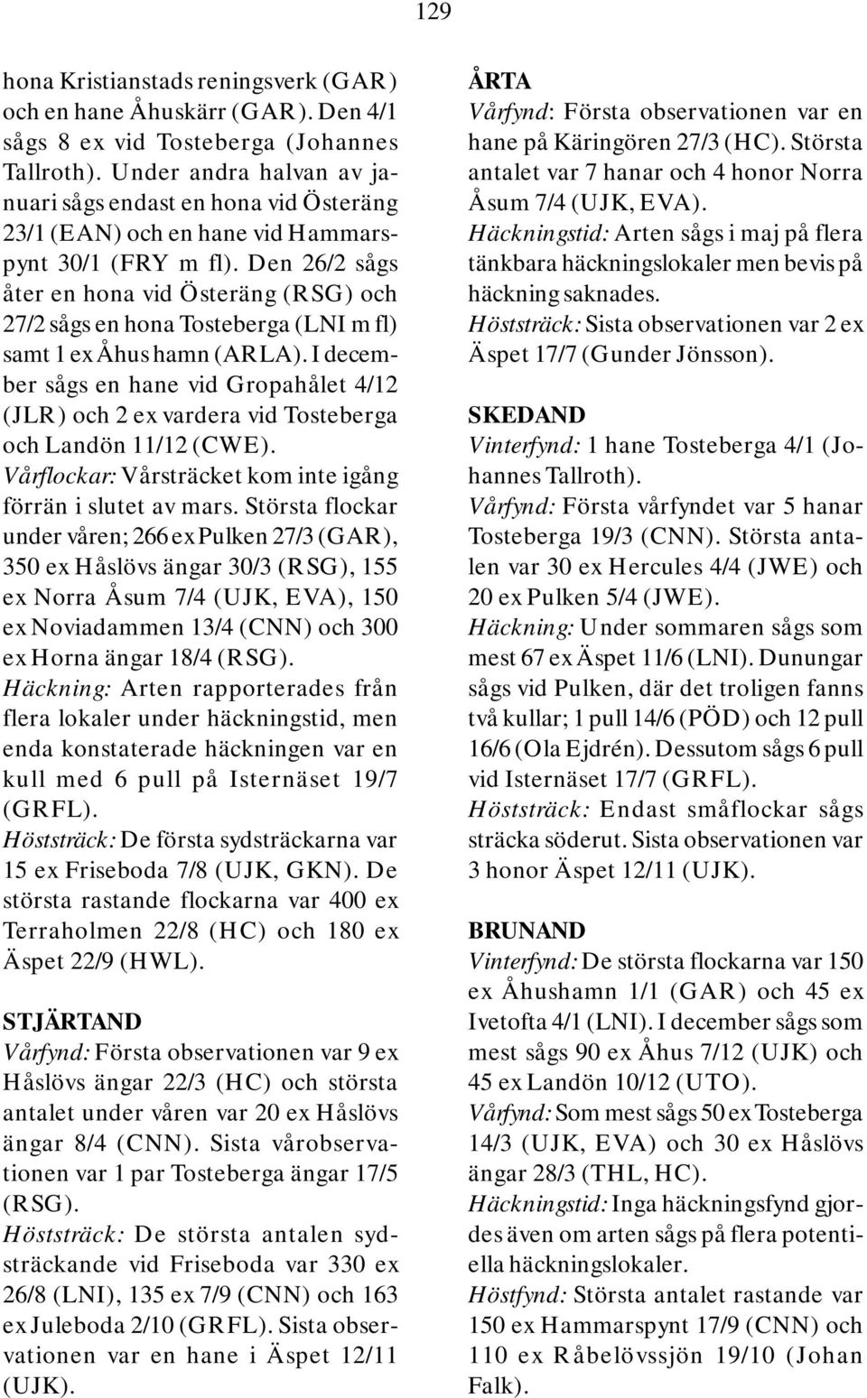 Den 26/2 sågs åter en hona vid Österäng (RSG) och 27/2 sågs en hona Tosteberga (LNI m fl) samt 1 ex Åhus hamn (ARLA).