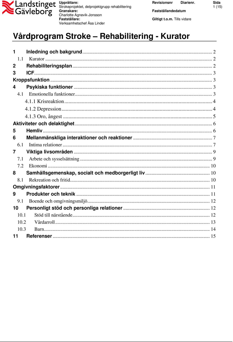 .. 2 2 Rehabiliteringsplan... 2 3 ICF... 3 Kroppsfunktion... 3 4 Psykiska funktioner... 3 4.1 Emotionella funktioner... 3 4.1.1 Krisreaktion... 4 4.1.2 Depression... 4 4.1.3 Oro, ångest.