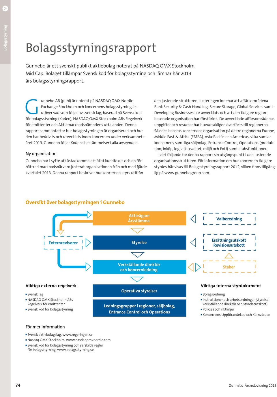 Gunnebo AB (publ) är noterat på NASDAQ OMX Nordic Exchange Stockholm och koncernens bolagsstyrning är, utöver vad som följer av svensk lag, baserad på Svensk kod för bolagsstyrning (Koden), NASDAQ