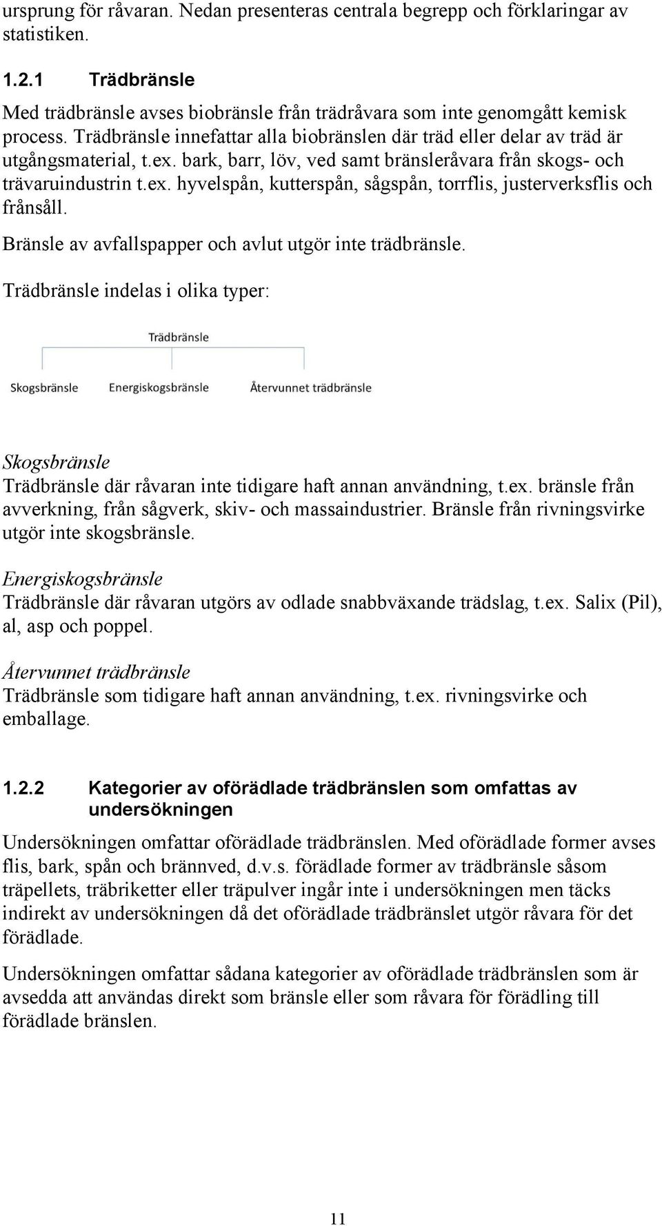 Bränsle av avfallspapper och avlut utgör inte trädbränsle. Trädbränsle indelas i olika typer: Skogsbränsle Trädbränsle där råvaran inte tidigare haft annan användning, t.ex.