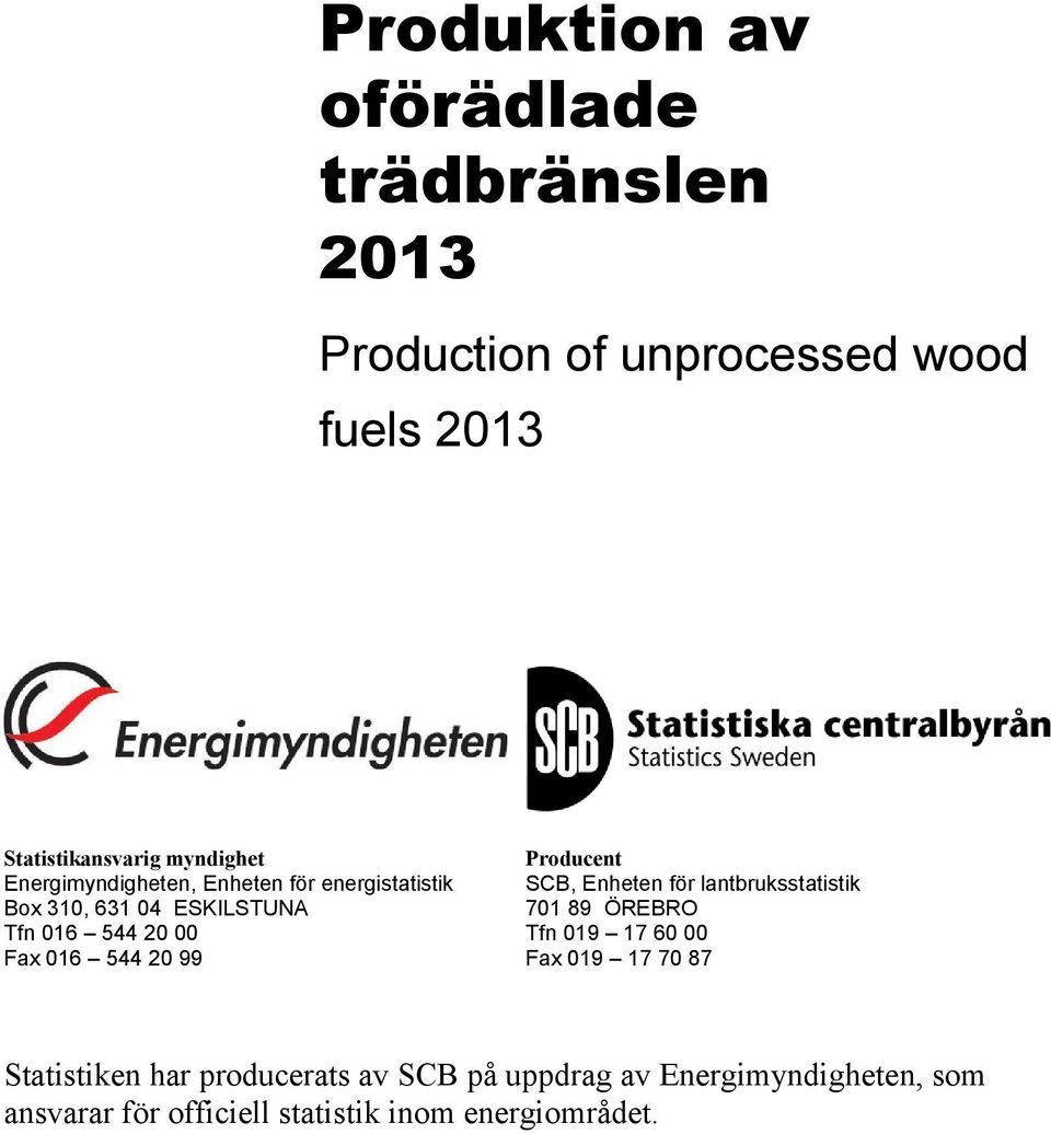 544 20 99 Producent SCB, Enheten för lantbruksstatistik 701 89 ÖREBRO Tfn 019 17 60 00 Fax 019 17 70 87
