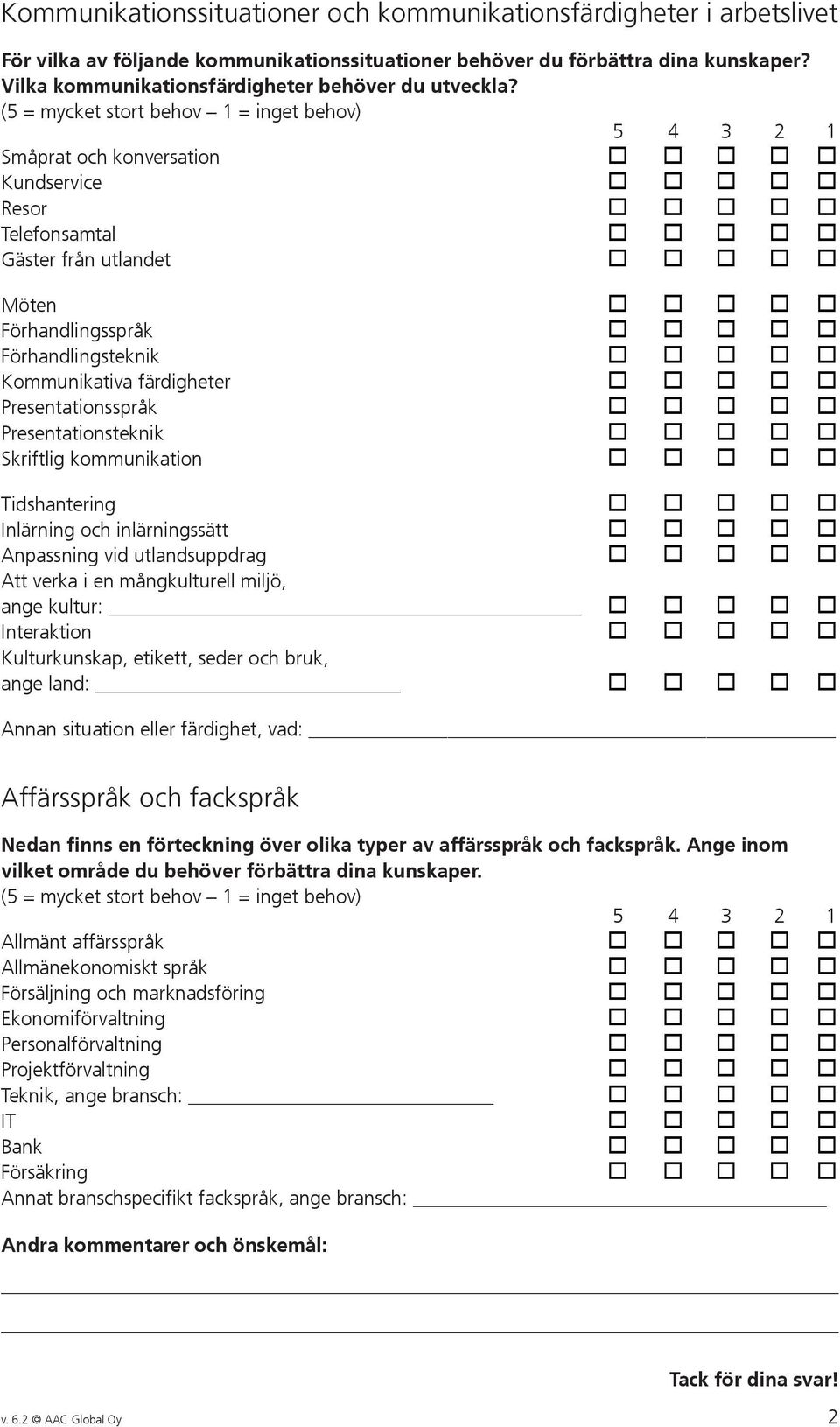 (5 = mycket stort behov 1 = inget behov) 5 4 3 2 1 Småprat och konversation Kundservice Resor Telefonsamtal Gäster från utlandet Möten Förhandlingsspråk Förhandlingsteknik Kommunikativa färdigheter