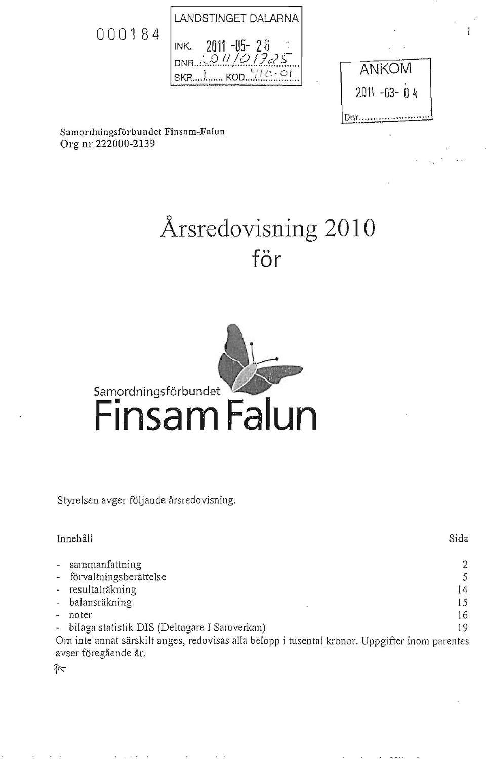 ........... Årsredovisning 2010 för Samordningsförbundet Finsam Falun Styrelsen avger fö ljande årsredovisning.