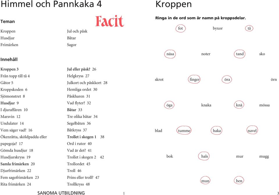 26 Helgkryss 27 Julkort och påskkort 28 Hemliga ordet 30 Påskharen 31 Vad flyter? 32 Båtar 33 Tre olika båtar 34 Segelbåten 36 Båtkryss 37 Trollet i skogen 1 38 Ord i rutor 40 Vad är det?