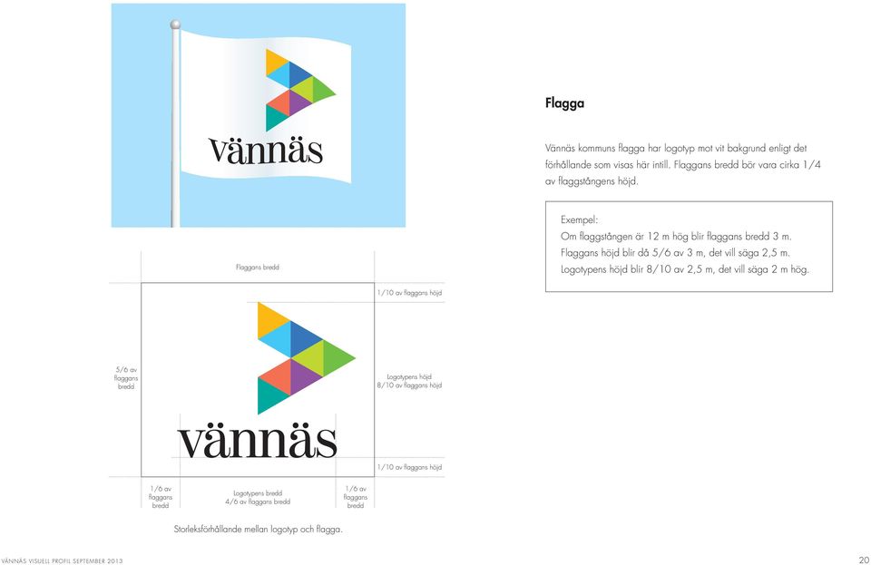 Flaggans höjd blir då 5/6 av 3 m, det vill säga 2,5 m. Logotypens höjd blir 8/10 av 2,5 m, det vill säga 2 m hög.