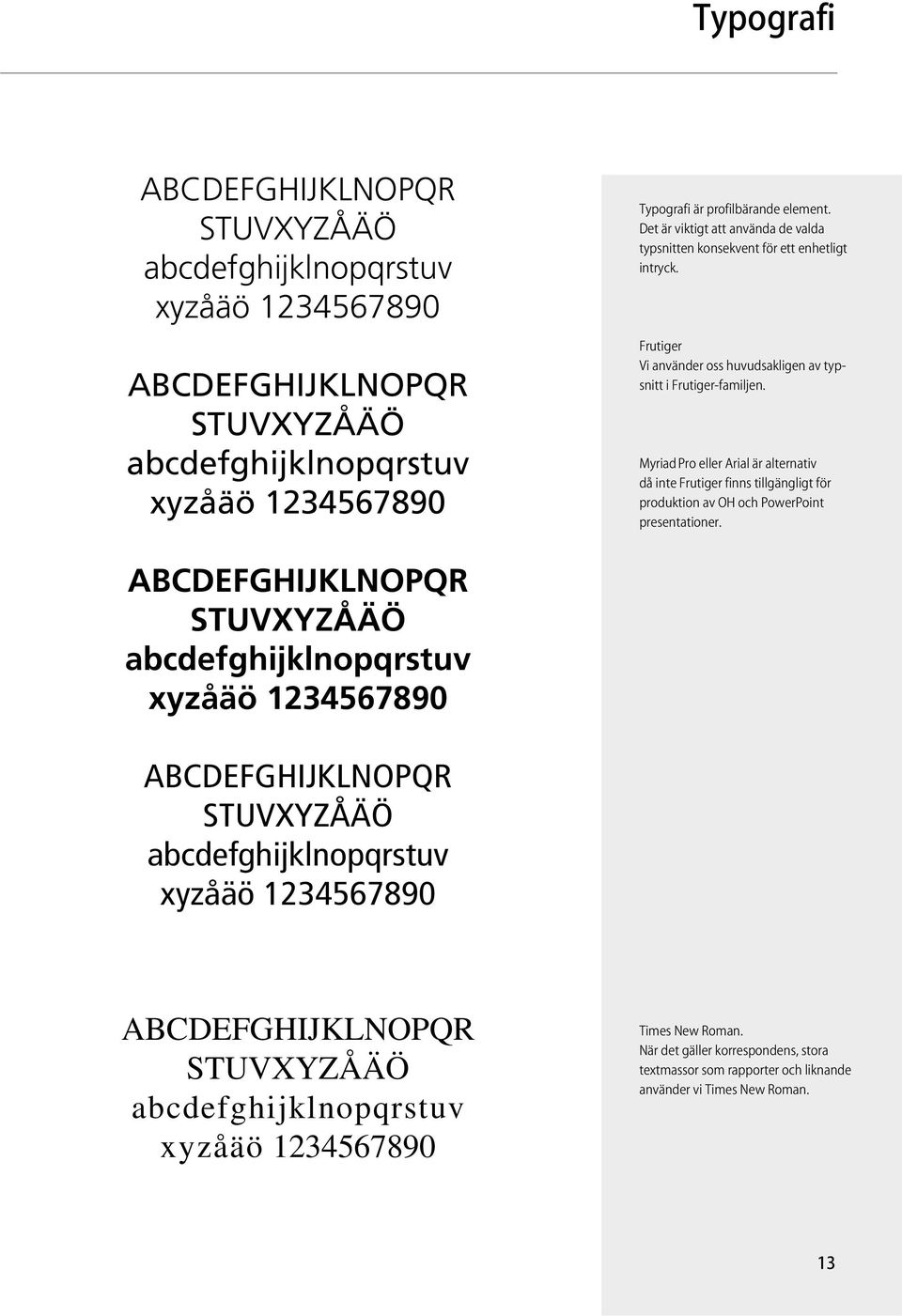 Myriad Pro eller Arial är alternativ då inte Frutiger finns tillgängligt för produktion av OH och PowerPoint presentationer.