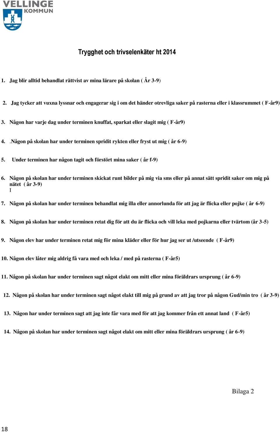 Någon har varje dag under terminen knuffat, sparkat eller slagit mig ( F-år9) 4..Någon på skolan har under terminen spridit rykten eller fryst ut mig ( år 6-9) 5.