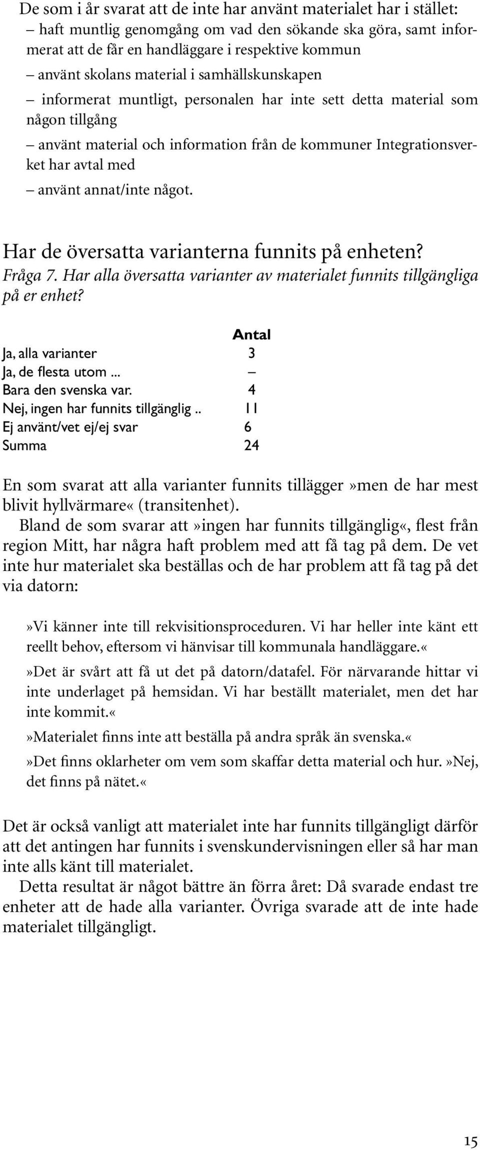 annat/inte något. Har de översatta varianterna funnits på enheten? Fråga 7. Har alla översatta varianter av materialet funnits tillgängliga på er enhet? Antal Ja, alla varianter 3 Ja, de flesta utom.