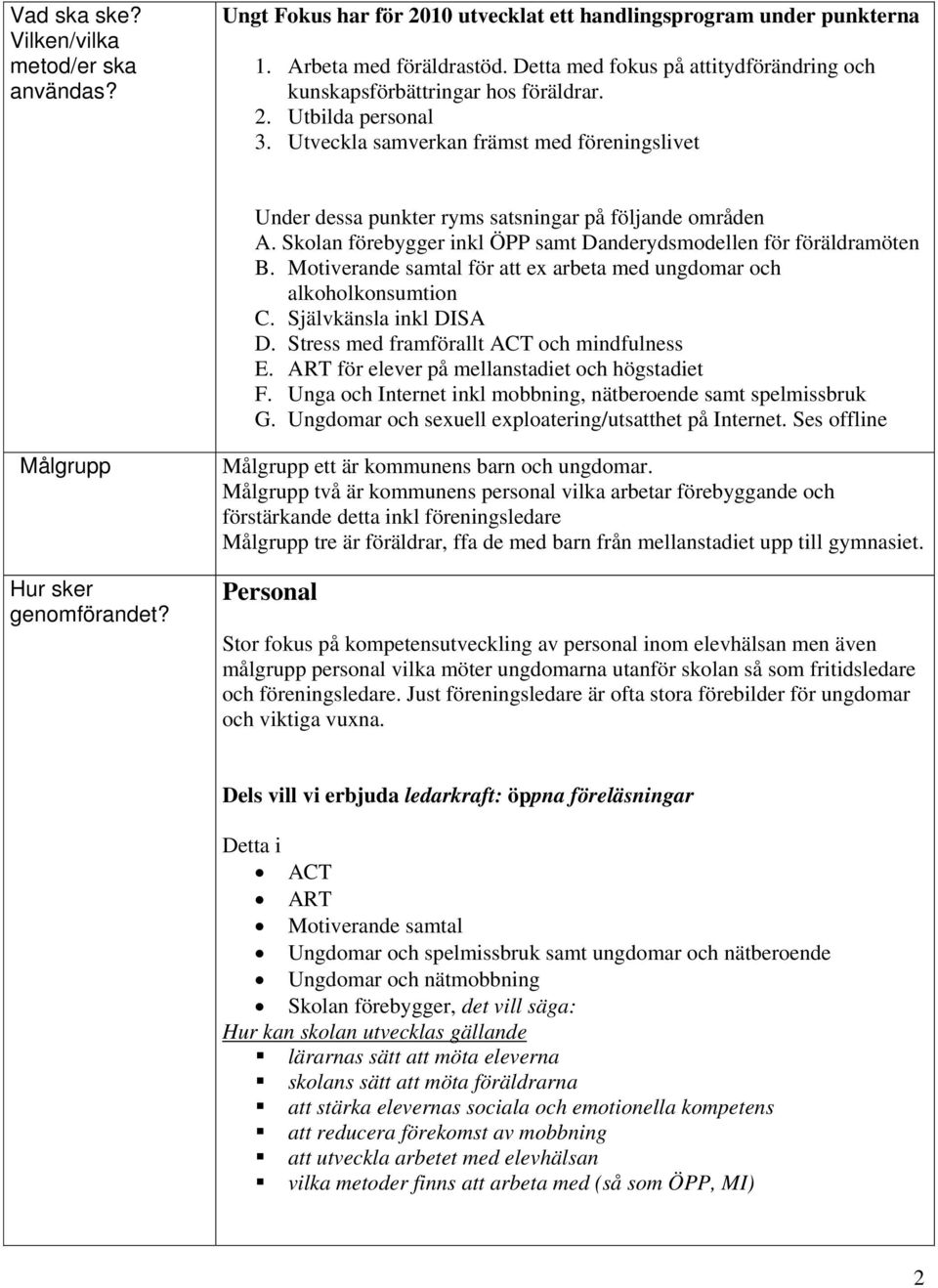 Utveckla samverkan främst med föreningslivet Under dessa punkter ryms satsningar på följande områden A. Skolan förebygger inkl ÖPP samt Danderydsmodellen för föräldramöten B.