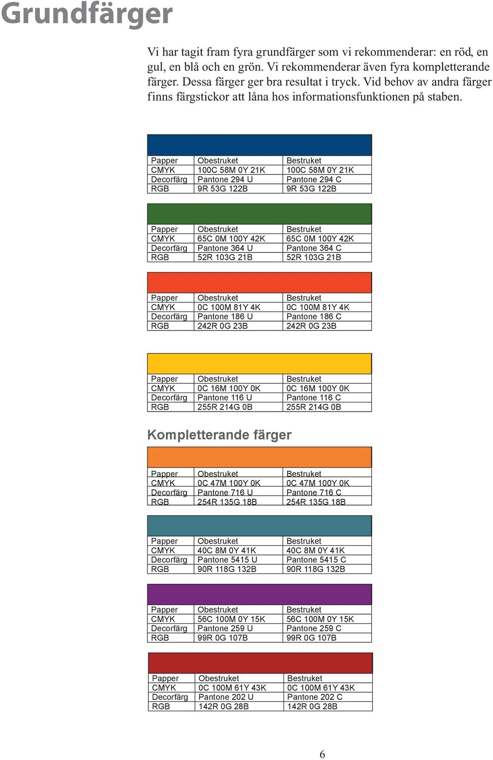 Papper Obestruket Bestruket CMYK 100C 58M 0Y 21K 100C 58M 0Y 21K Decorfärg Pantone 294 U Pantone 294 C RGB 9R 53G 122B 9R 53G 122B Papper Obestruket Bestruket CMYK 65C 0M 100Y 42K 65C 0M 100Y 42K