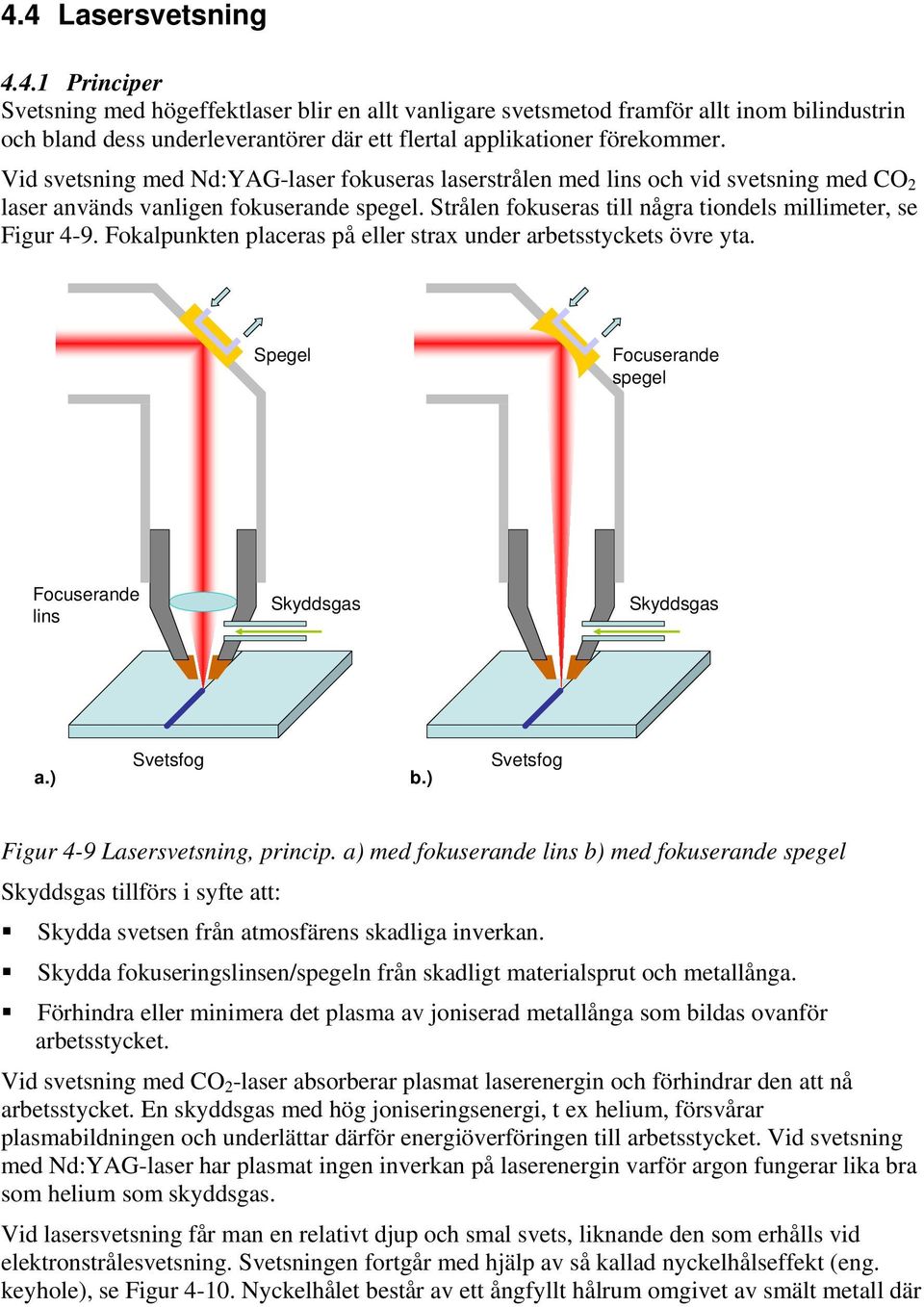 Fokalpunkten placeras på eller strax under arbetsstyckets övre yta. Spegel Focuserande spegel Focuserande lins Skyddsgas Skyddsgas a.) Svetsfog b.) Svetsfog Figur 4-9 Lasersvetsning, princip.