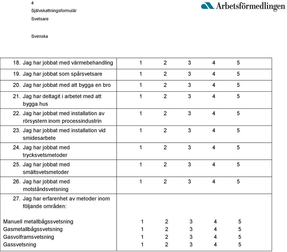 Jag har jobbat med installation vid smidesarbete 24. Jag har jobbat med trycksvetsmetoder 25. Jag har jobbat med smältsvetsmetoder 26.