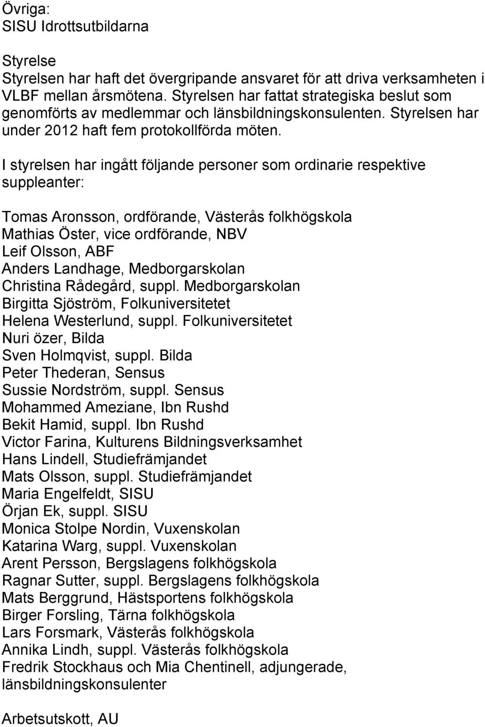 I styrelsen har ingått följande personer som ordinarie respektive suppleanter: Tomas Aronsson, ordförande, Västerås folkhögskola Mathias Öster, vice ordförande, NBV Leif Olsson, ABF Anders Landhage,