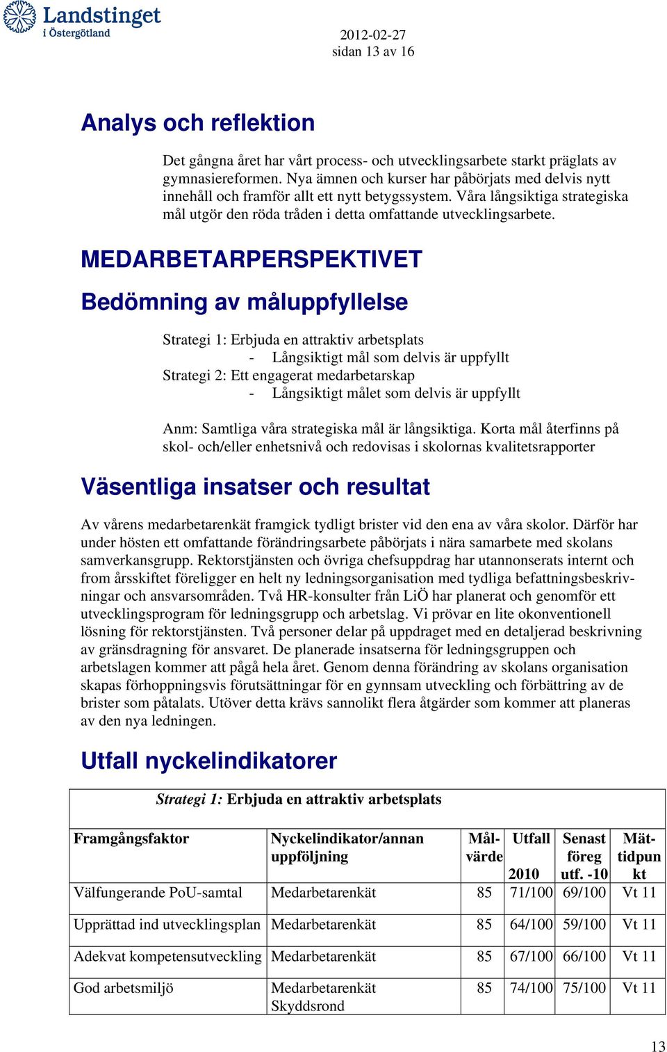 MEDARBETARPERSPEKTIVET Bedömning av måluppfyllelse Strategi 1: Erbjuda en attraktiv arbetsplats - Långsiktigt mål som delvis är uppfyllt Strategi 2: Ett engagerat medarbetarskap - Långsiktigt målet