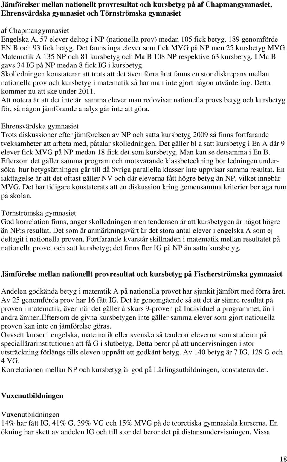 Matematik A 135 NP och 81 kursbetyg och Ma B 108 NP respektive 63 kursbetyg. I Ma B gavs 34 IG på NP medan 8 fick IG i kursbetyg.